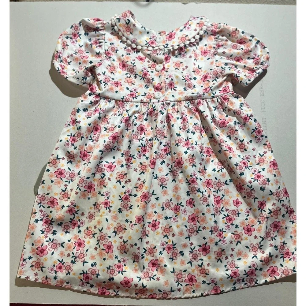 Marie Nicole Clothing Girls Floral Smocked Dress Pink Orange Pom Pom Collar M